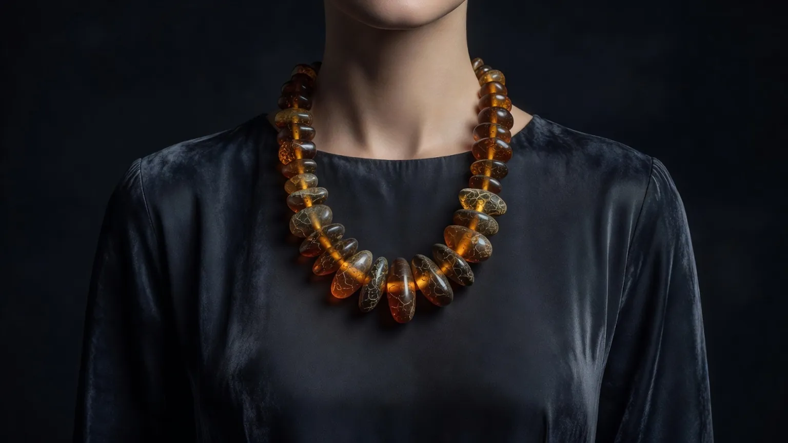 Mains examinant un collier d'ambre à la lumière rasante d'une lampe d'atelier