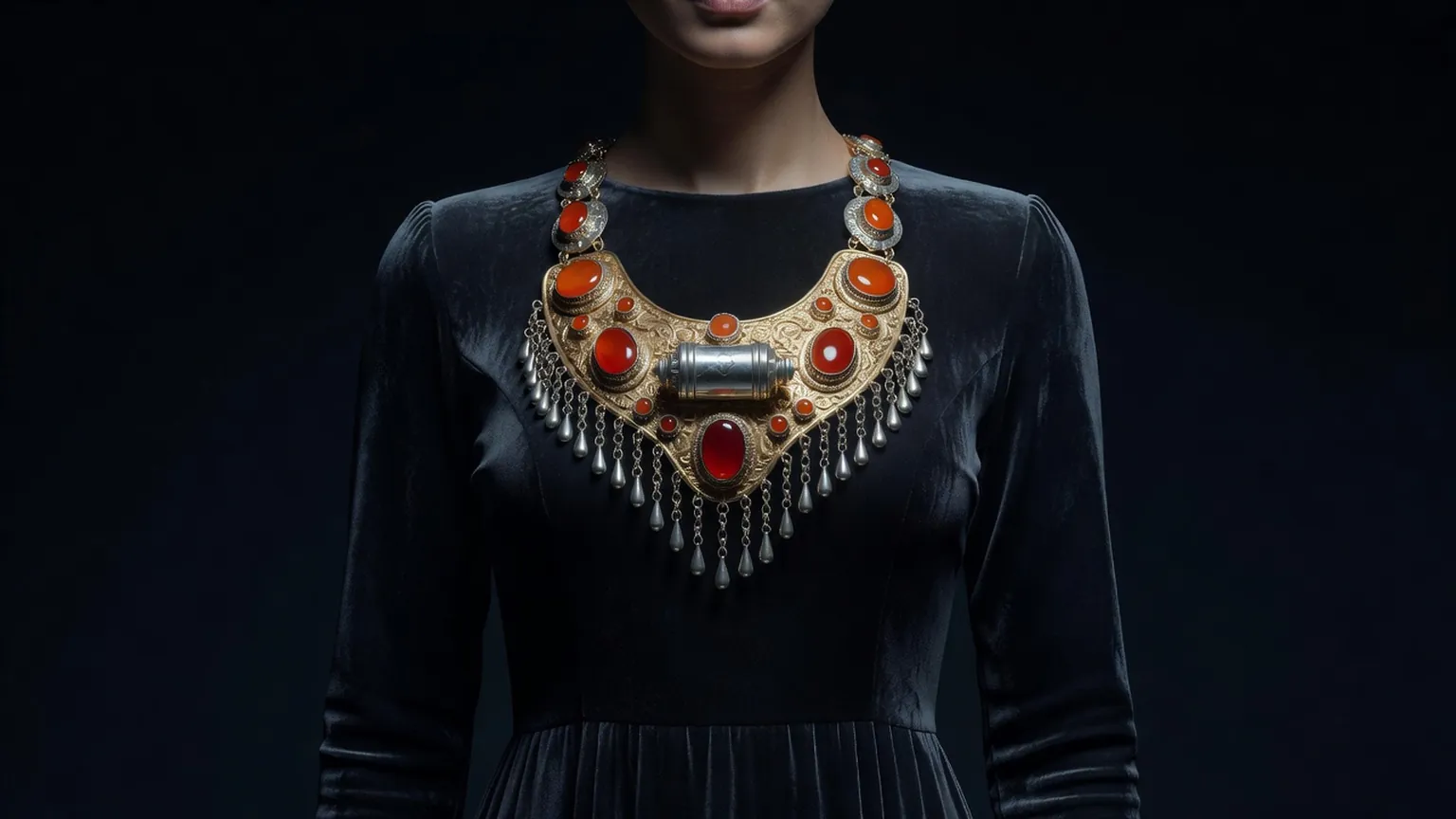 Pectoral d'argent à cornalines et pendeloques porté sur une robe de fête