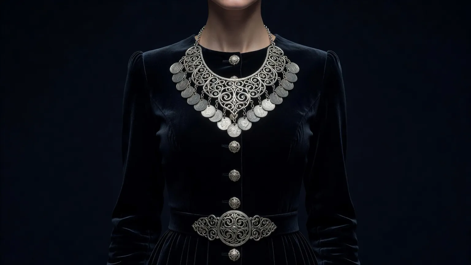 Chaîne de monnaies d'argent et rosettes de filigrane suspendues à une ceinture de costume balkanique