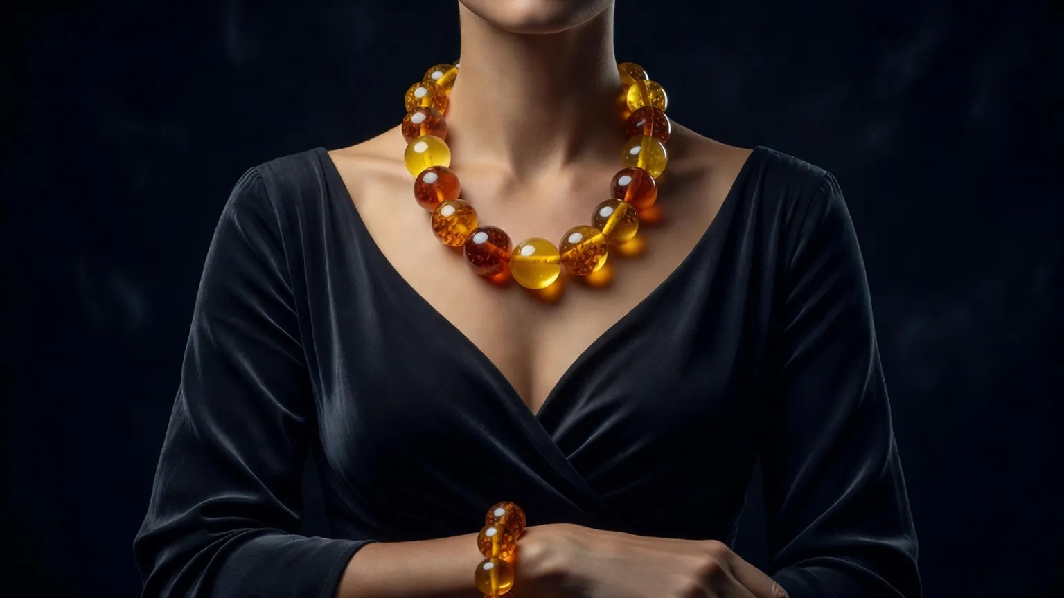 Collier de perles d'ambre balte aux teintes miel et cognac posé sur une étoffe sombre