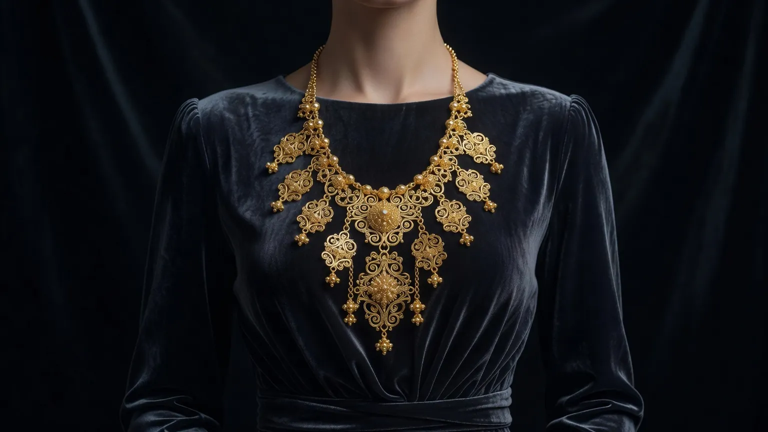 Collier d'or à pendentifs animaliers granulés posé sur un fond sombre