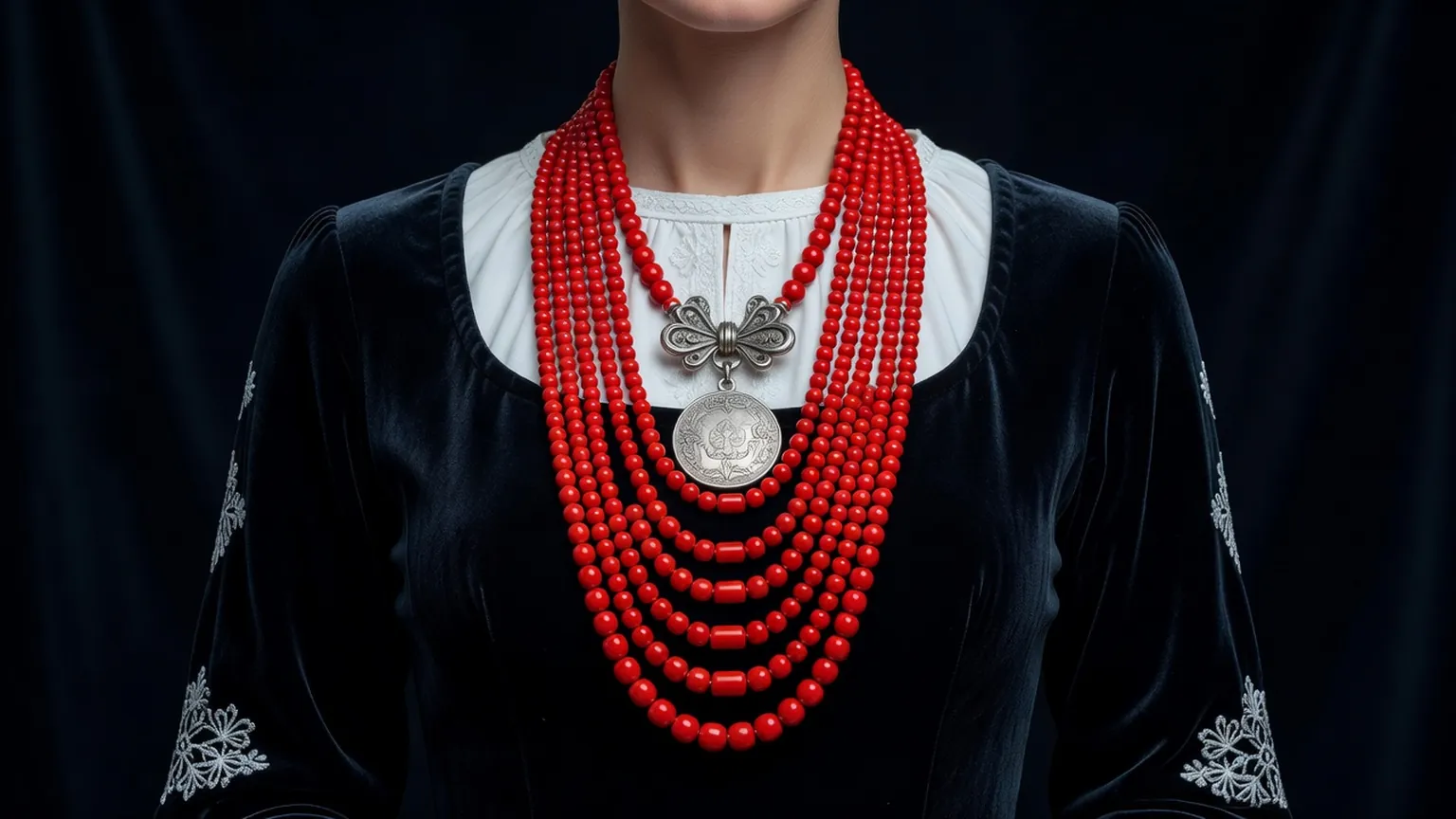 Rangs superposés de perles de corail rouge et pendentif de monnaie sur une chemise brodée