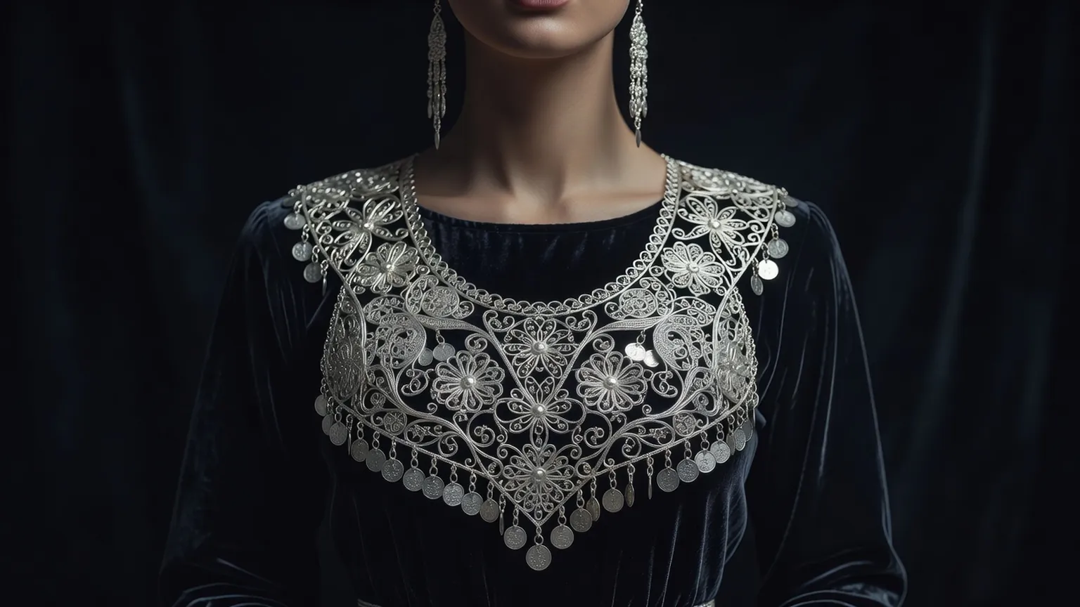 Femme des Balkans portant un plastron et des boucles d'oreilles en filigrane d'argent ajouré sur une robe sombre