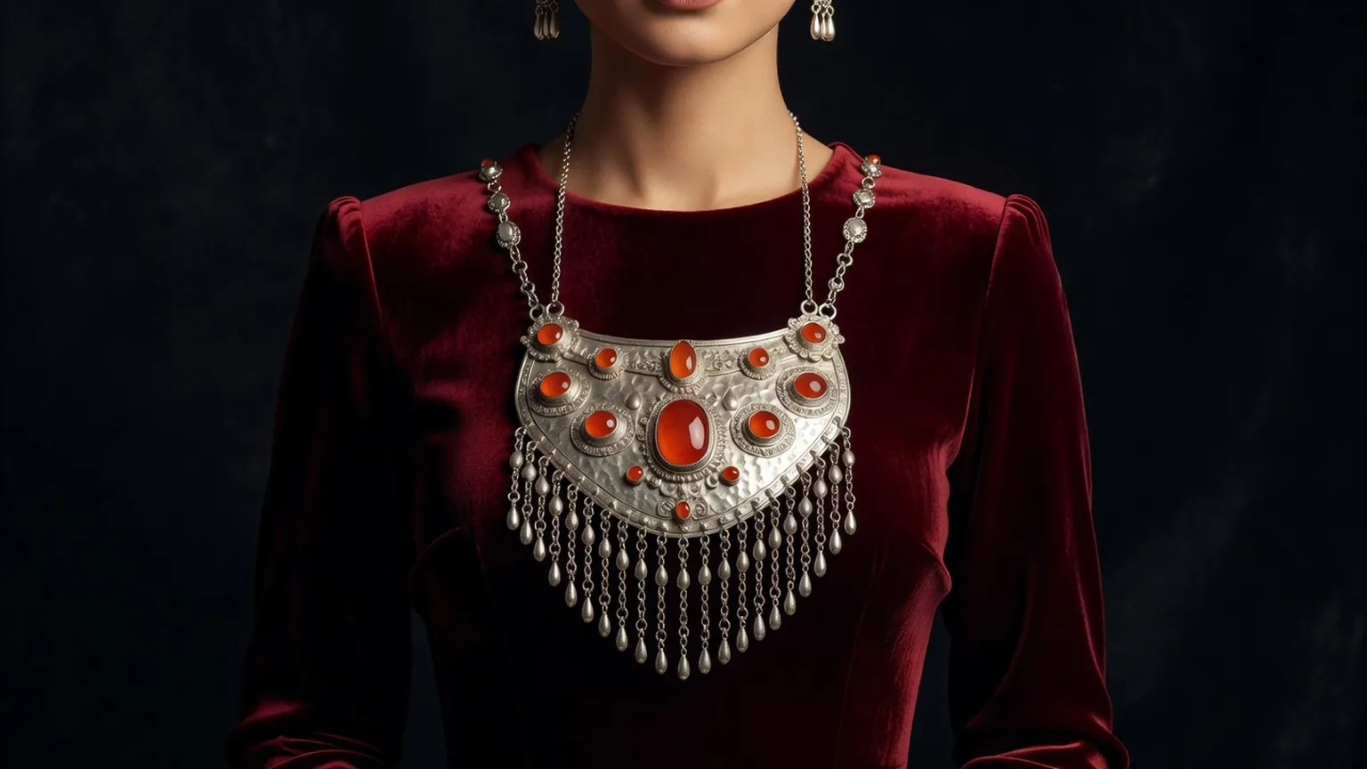 Jeune femme kazakhe en robe de velours rouge sombre portant un plastron d'argent serti de cornalines et des pendeloques