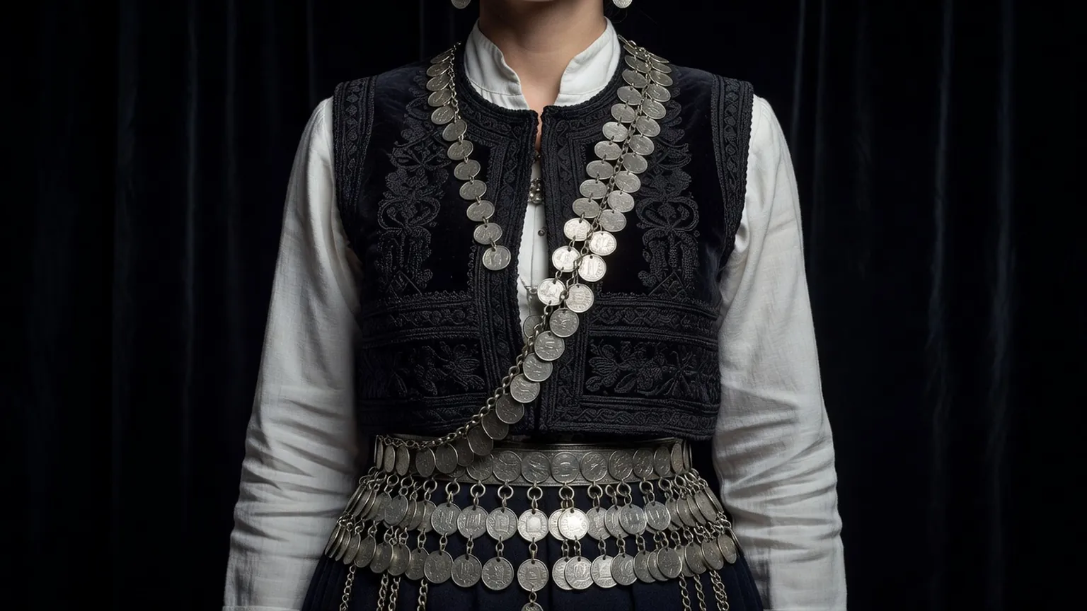 Femme en gilet brodé sombre portant un sautoir de grosses monnaies d'argent et une ceinture à chaînes de monnaies